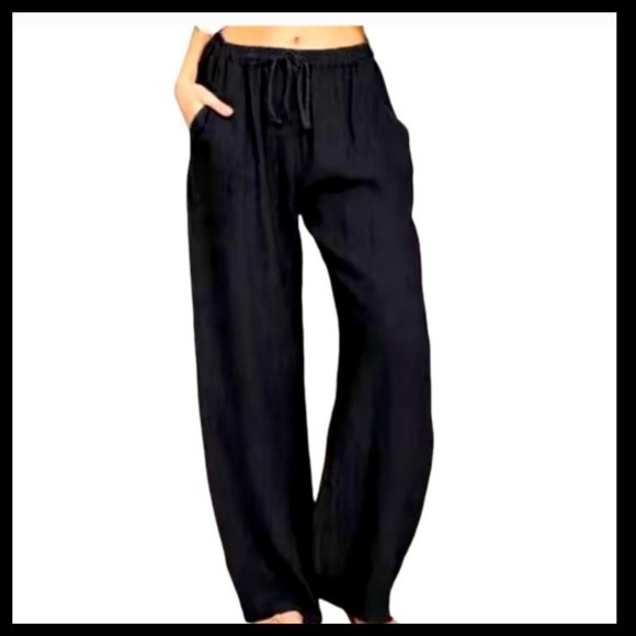 Black 100% Linen Pull On Drawstring Wide Leg Size 2X Pants - Picture 1 of 11